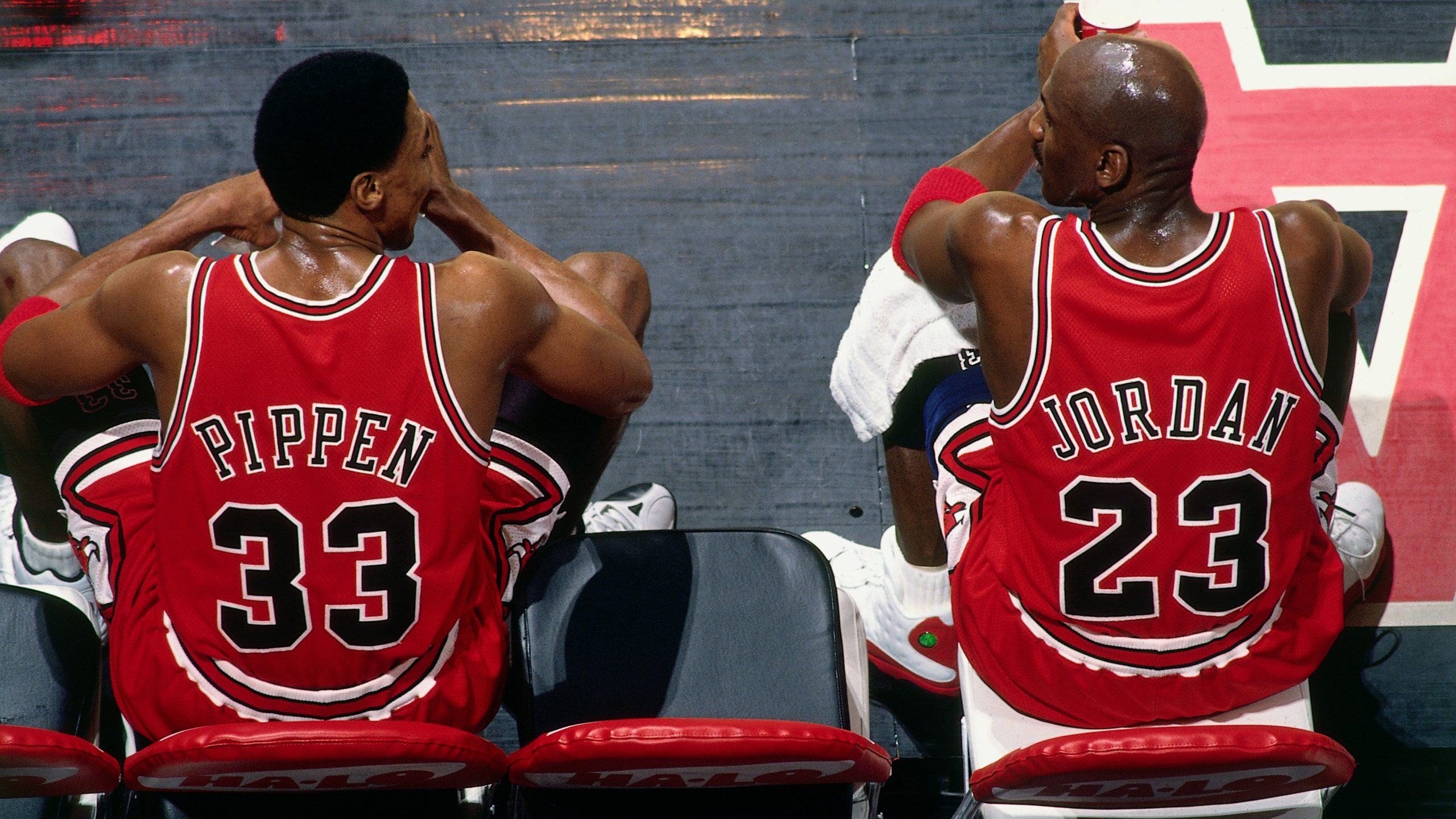 Jordan and Pippen on the Bench Together