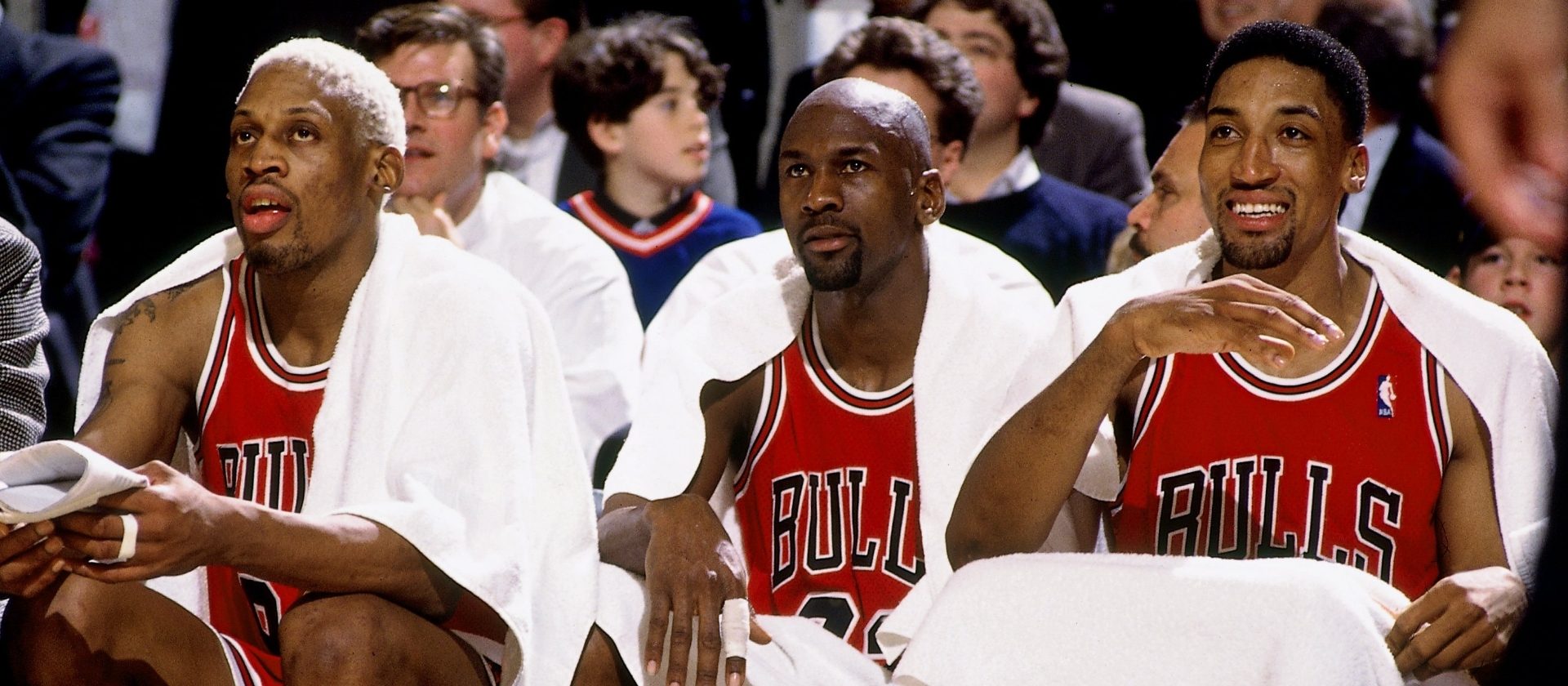 Rodman, Jordan, and Pippen on the Bench Together