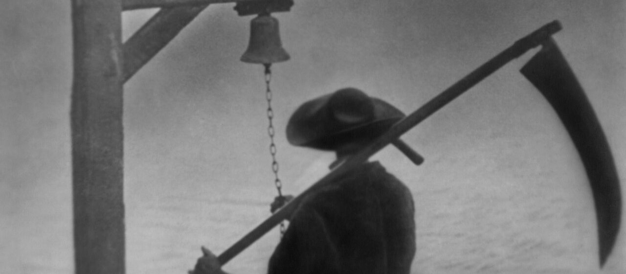 A Mysterious Figure Carries a Scythe Over His Shoulder